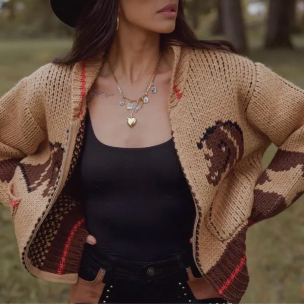 New Knitted Horse Print Cardigan Sweater Western Rodeo Montana Coat - Picture 5 of 14